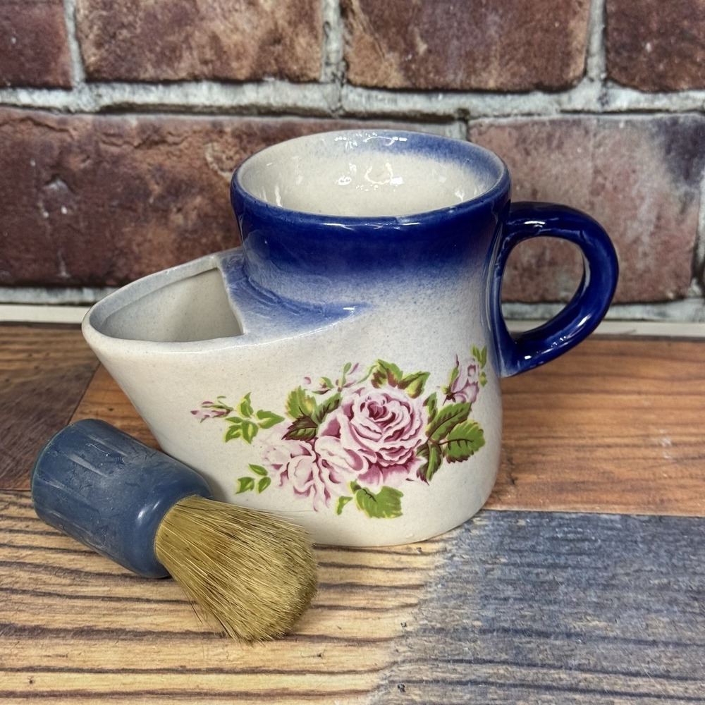 Vintage Ever- Ready Shaving Brush 69 USA w Porcelain Shaving Scuttle Mug Floral